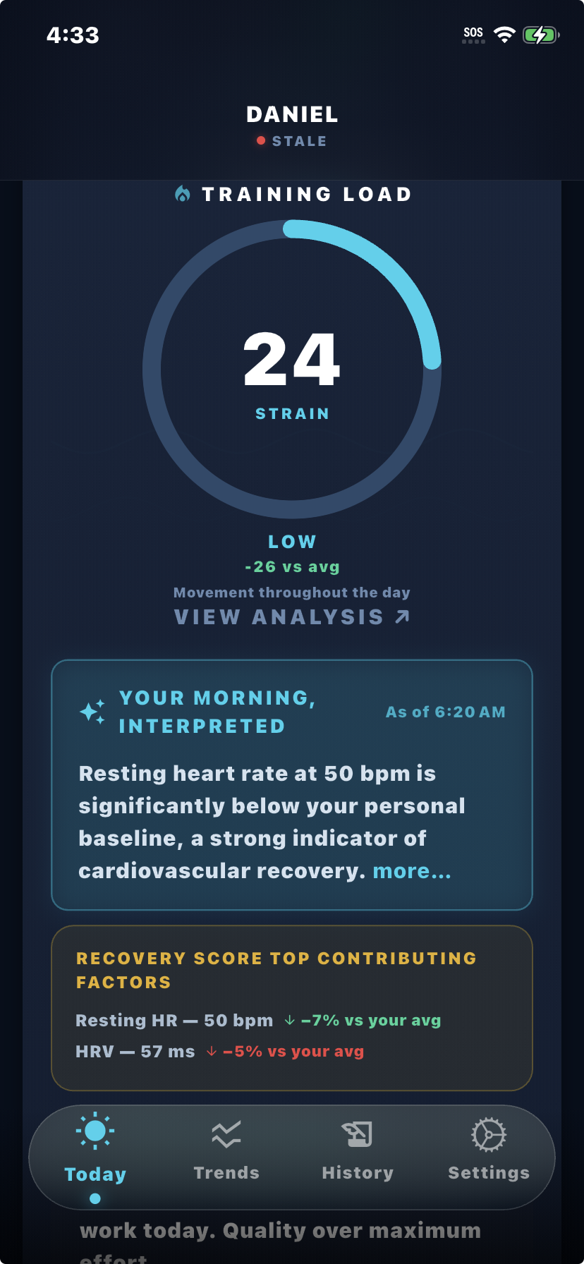 Kreev app — Biometric metrics view