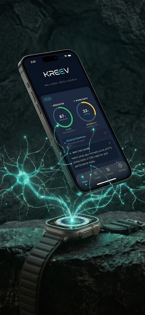 Kreev app showing Recovery Score dashboard
